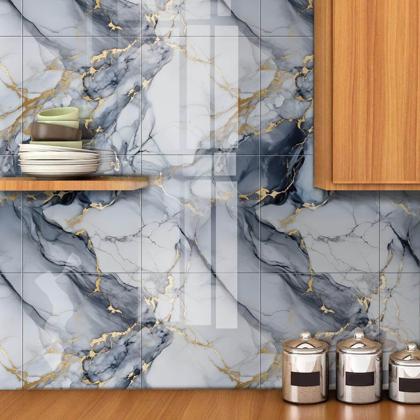 10pcs Marble Peel and Stick Backsplash Waterproof Washroom Wall Panels, Peel and Stick Tile, PVC Wall Panels for Kitchen,Bathroom,Living Room,Blue and Gold(Not Real Tile,11.8" x 11.8")