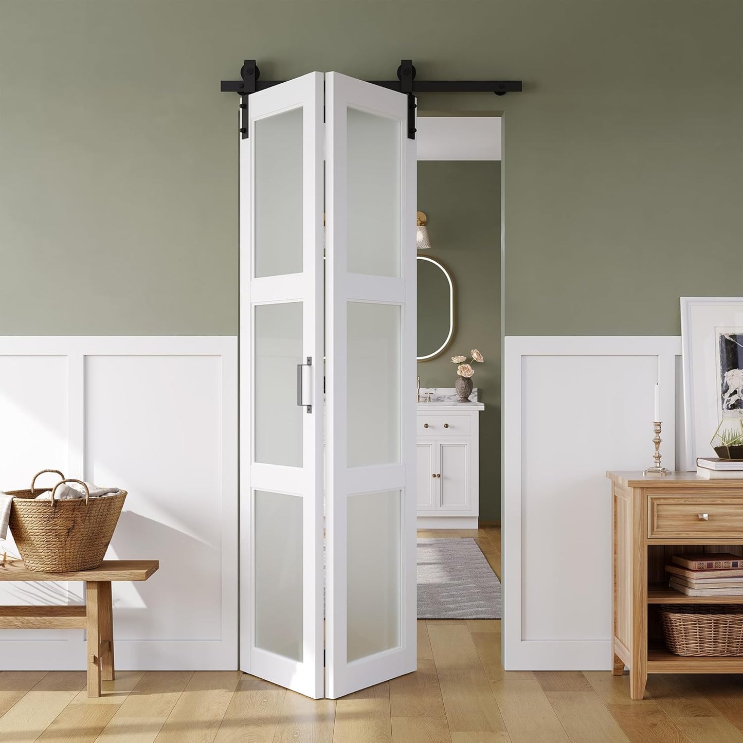SMARTSTANDARD 28in x 84in Bifold Barn Door, Frosted Glass Barn Door with Hardware Kit Included, Pre-Drilled Holes Easy Assembly -Solid Barn Doors Slab Covered with Water-Proof PVC Surface, White