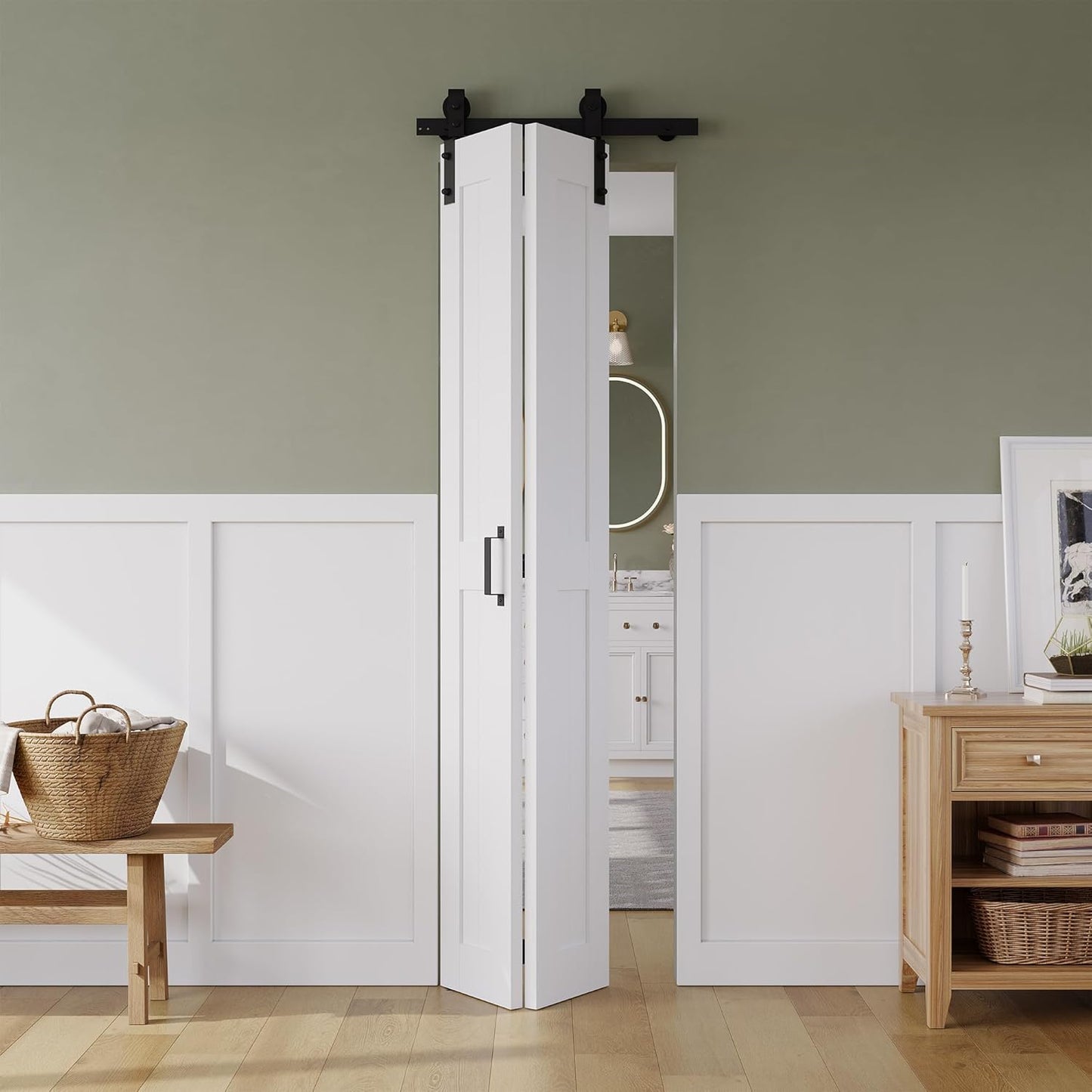 Bifold Barn Door 80" x 84", MDF Bi-Fold Sliding Closet Doors with Hardware Kit Included, Pre-Finished Easy Assembly, Water-Proof PVC Surface & Save Space, H-Frame, 88" Track for 4 Doors,White
