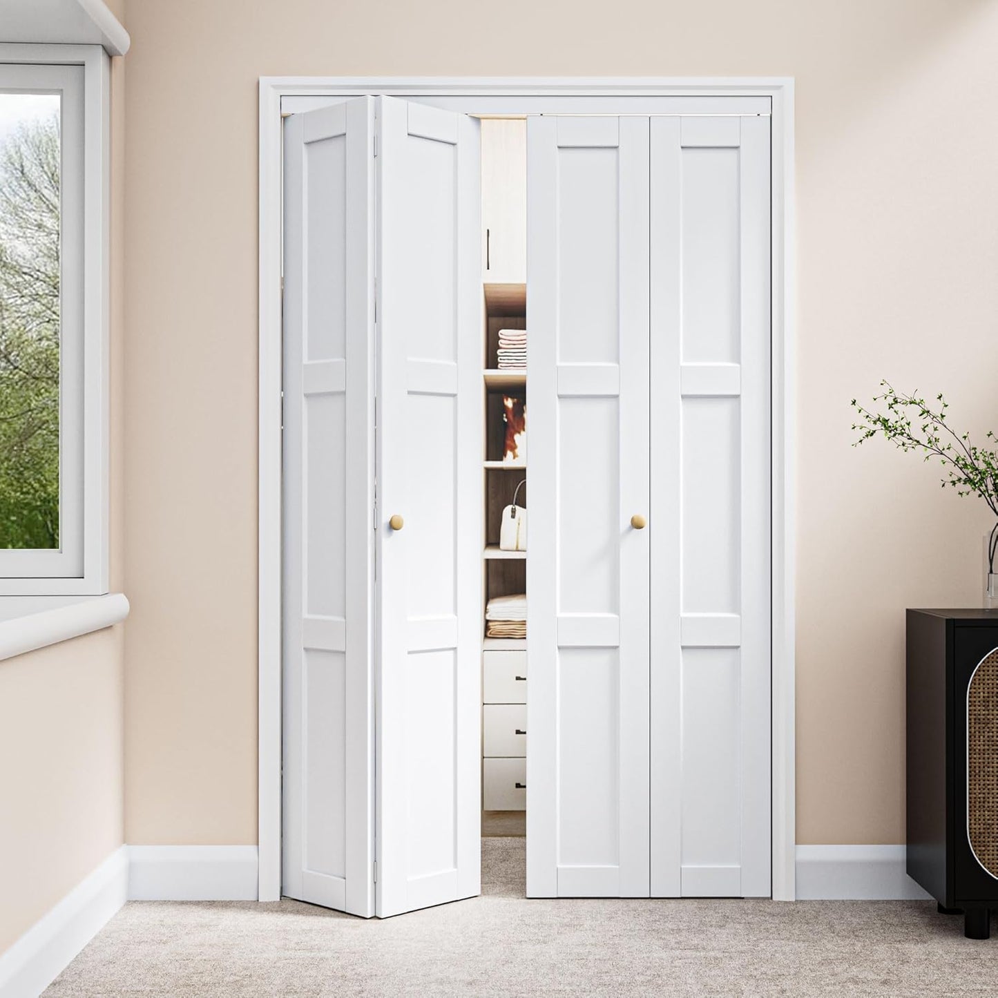 30" x 80" Paintable Bifold Closet Door, Solid Core Pre-Assembled Panels with Water-Resistant Triple-Layer Painting, Build Quality (Double 78.5" High Panels&Hardware&Fascia&Knob)