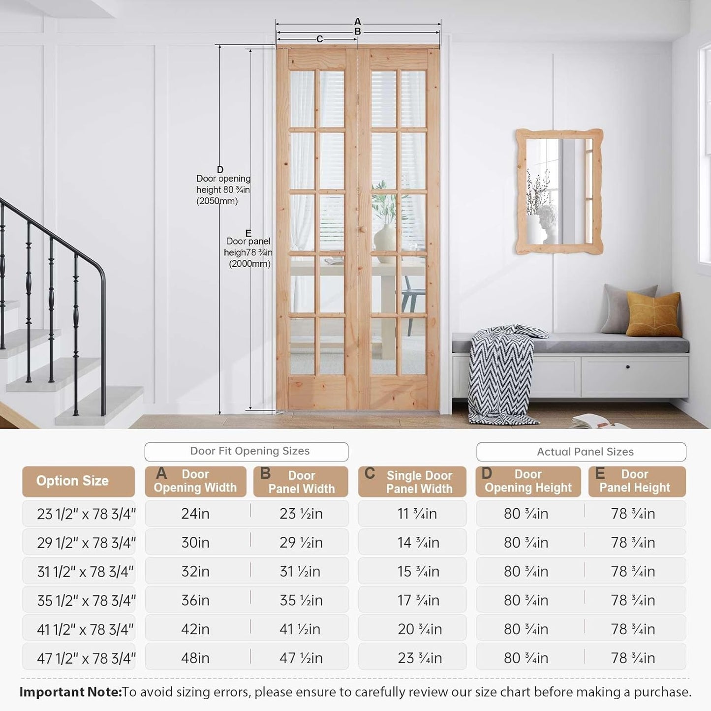 EaseLife Bifold Closet Door,for 36in x 80in (Double 18x80) Opening,French Glass Barn Doors with 3FT Concealed Bi-Fold Sliding Hardware Kit Included,Preassembled Door,Easy Install,DIY staining