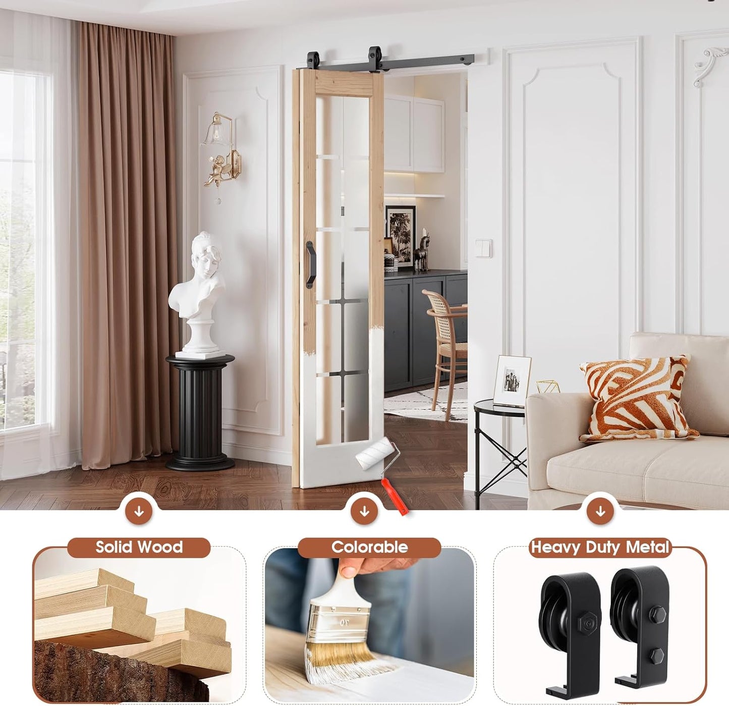 Preassembled Bifold Barn Door 36 x 84 in (Double 18x84in) with Bi-fold Door Hardware Kit, Frosted Glass Cross Transparent, Pre-Drilled Holes, French Glass Doors, Wood Slat, Fit 36in Opening