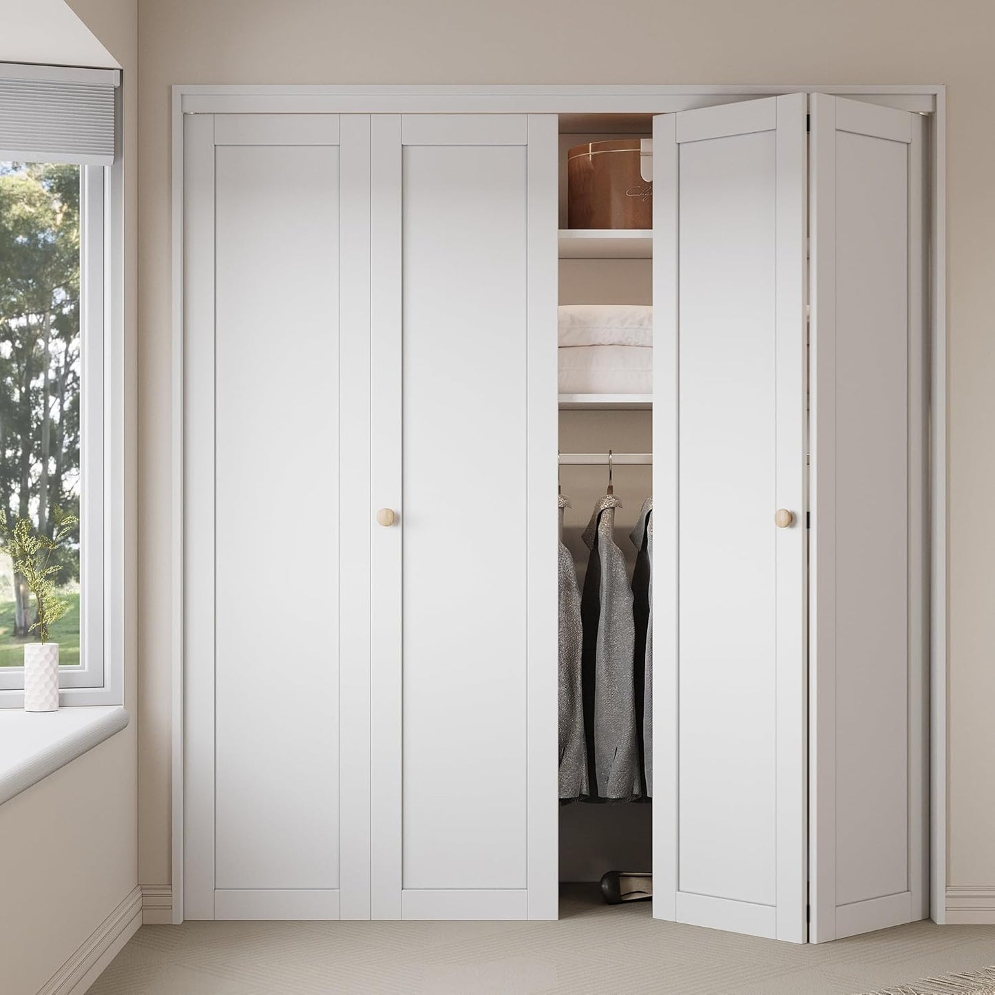 30" x 80" Paintable Bifold Closet Door, Solid Core Pre-Assembled Panels with Water-Resistant Triple-Layer Painting, Build Quality (Double 78.5" High Panels&Hardware&Fascia&Knob)