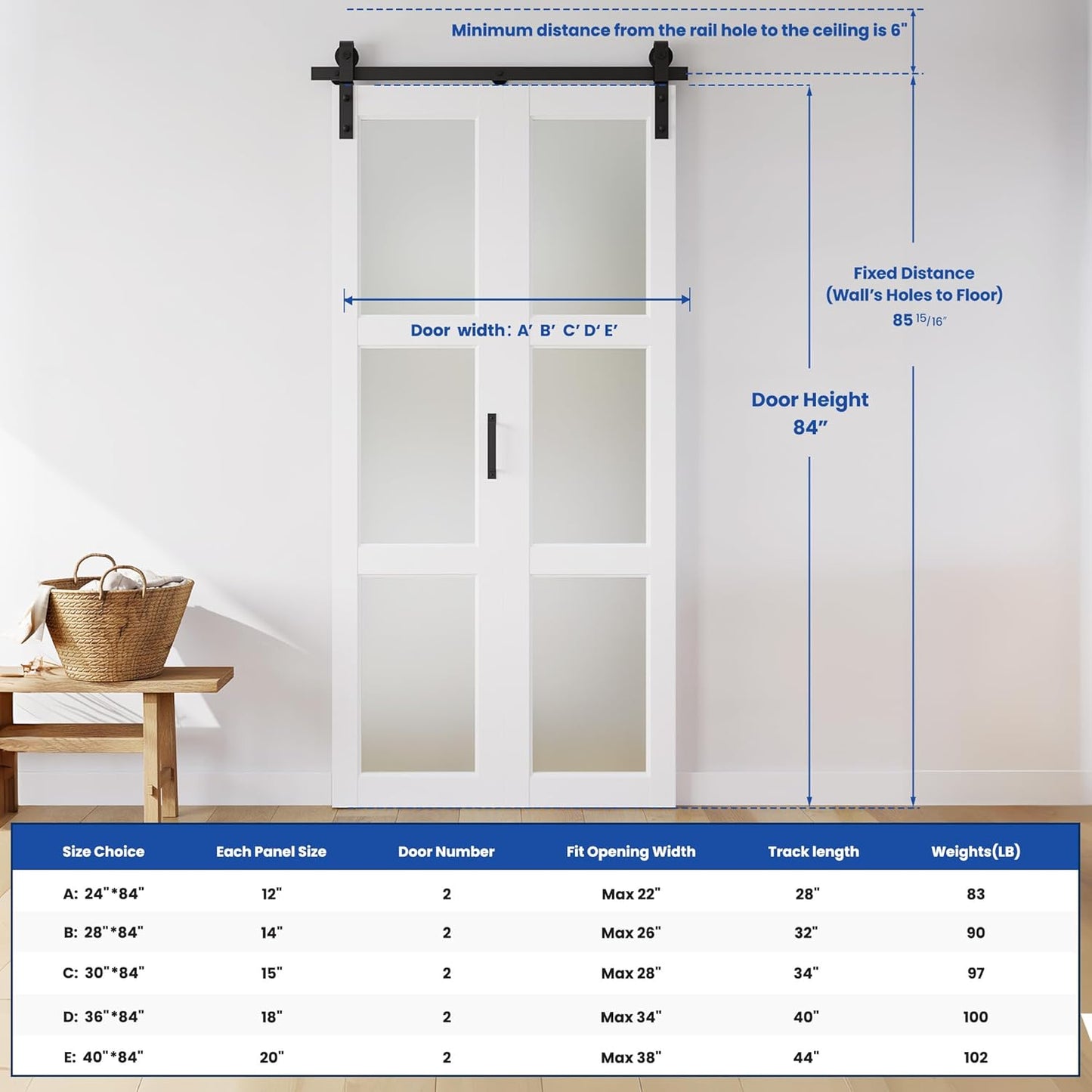 SMARTSTANDARD 28in x 84in Bifold Barn Door, Frosted Glass Barn Door with Hardware Kit Included, Pre-Drilled Holes Easy Assembly -Solid Barn Doors Slab Covered with Water-Proof PVC Surface, White