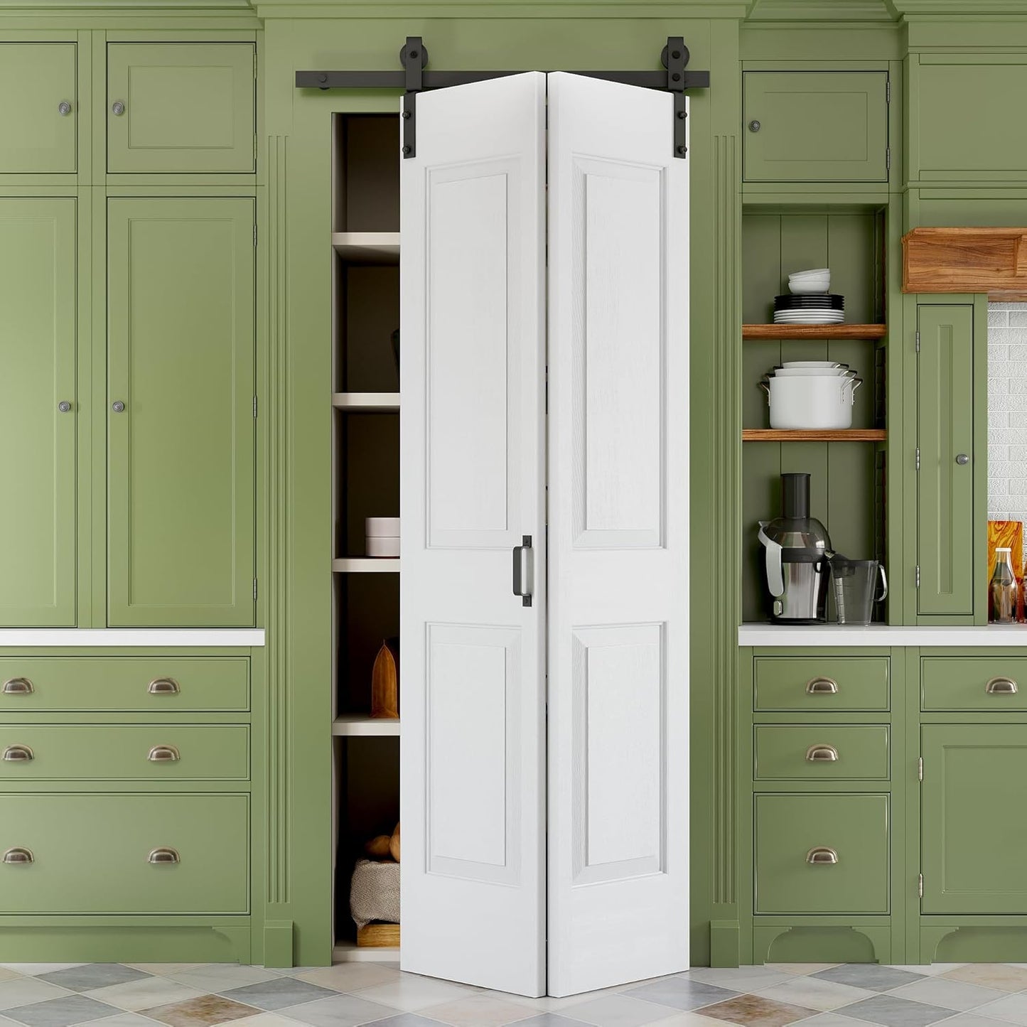 36" x 84" Paintable Bifold Barn Door, No Assembly Required, 6 Panels Bi Fold Barn Door with Hardware Kit Included, 40" Track Kit for 2 Doors, Pre-Drilled Holes