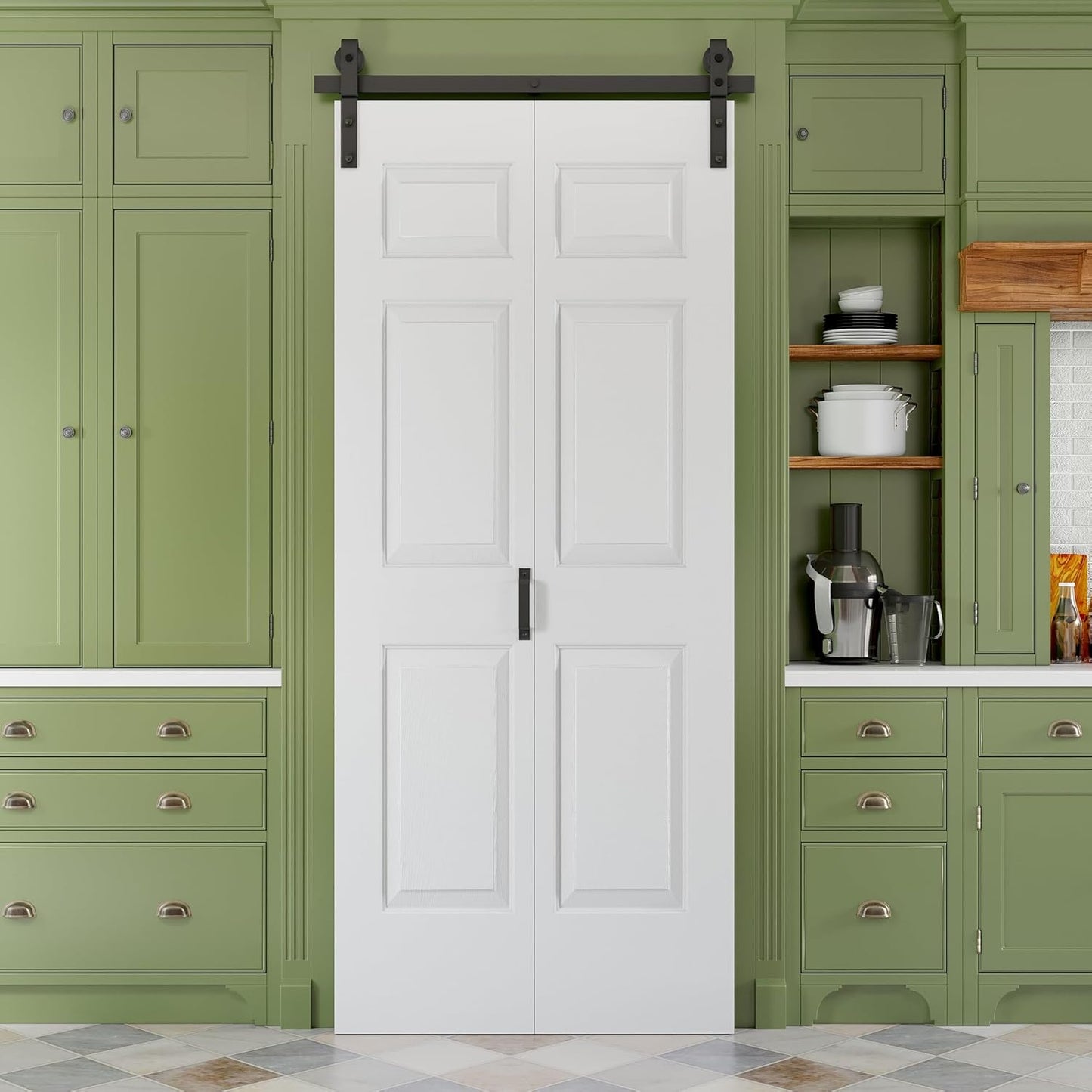 36" x 84" Paintable Bifold Barn Door, No Assembly Required, 6 Panels Bi Fold Barn Door with Hardware Kit Included, 40" Track Kit for 2 Doors, Pre-Drilled Holes