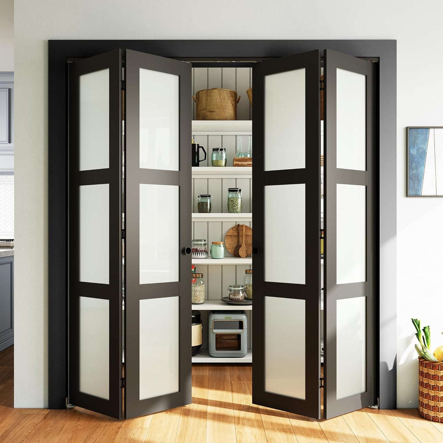 SMARTSTANDARD 30in x 80in Closet Bifold Door with Bi-fold Door Hardware Kit Included, Tempered Frosted Glass Closet Door, Preassembled Panel, Water-Proof PVC Surface, Black