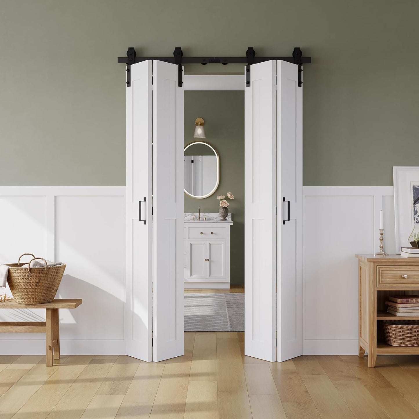 Bifold Barn Door 80" x 84", MDF Bi-Fold Sliding Closet Doors with Hardware Kit Included, Pre-Finished Easy Assembly, Water-Proof PVC Surface & Save Space, H-Frame, 88" Track for 4 Doors,White