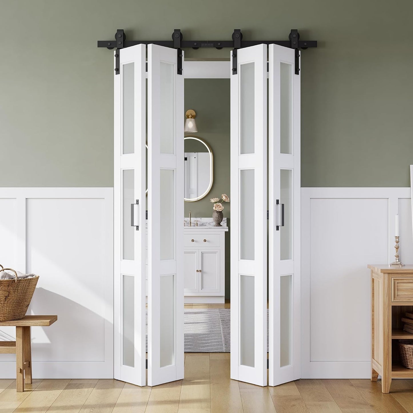 SMARTSTANDARD 28in x 84in Bifold Barn Door, Frosted Glass Barn Door with Hardware Kit Included, Pre-Drilled Holes Easy Assembly -Solid Barn Doors Slab Covered with Water-Proof PVC Surface, White