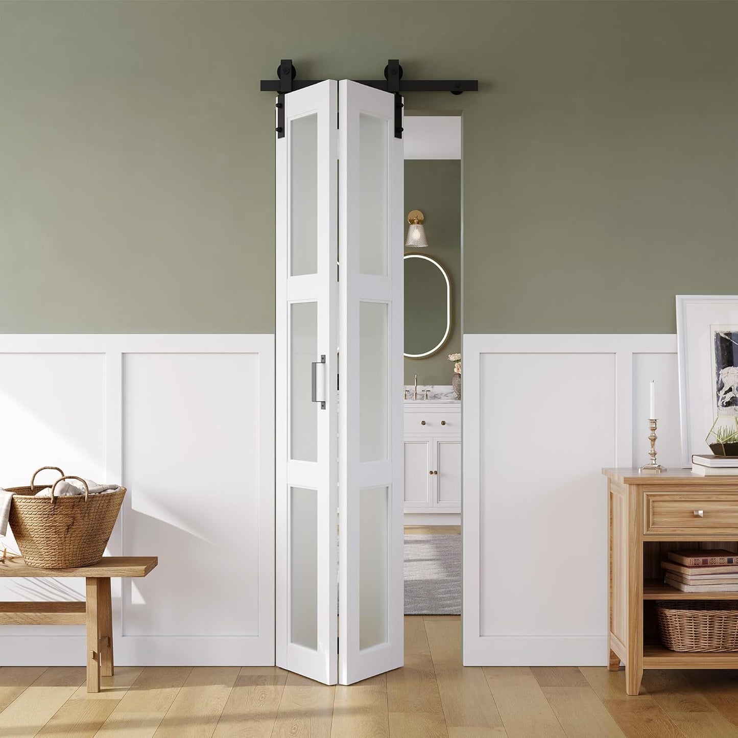 SMARTSTANDARD 28in x 84in Bifold Barn Door, Frosted Glass Barn Door with Hardware Kit Included, Pre-Drilled Holes Easy Assembly -Solid Barn Doors Slab Covered with Water-Proof PVC Surface, White