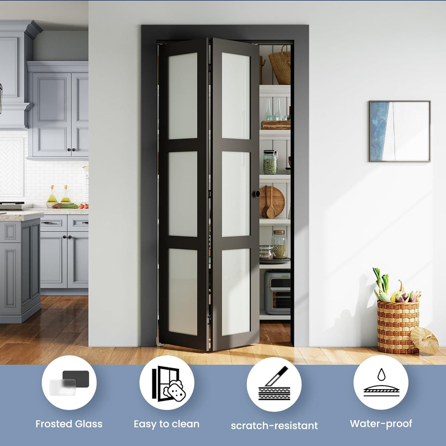 SMARTSTANDARD 30in x 80in Closet Bifold Door with Bi-fold Door Hardware Kit Included, Tempered Frosted Glass Closet Door, Preassembled Panel, Water-Proof PVC Surface, Black