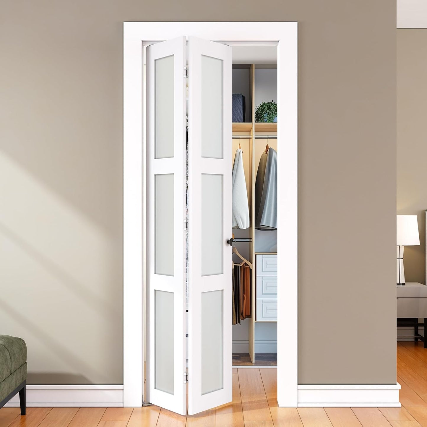 SMARTSTANDARD Bifold Door, for 48"x 80" Opening,Tempered Frosted Glass Closet Folding Barn Door with Hardware Kit, Water-Proof PVC Surface,Easy Install,White