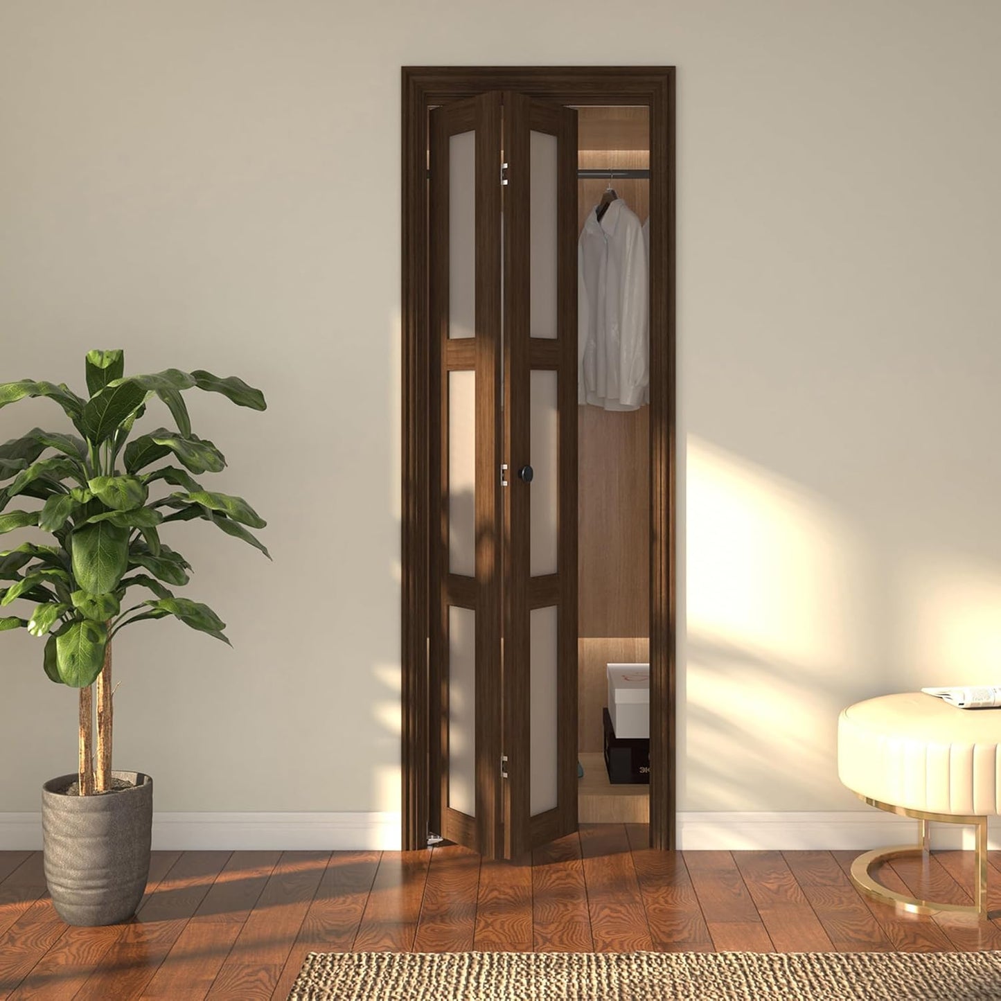 JUBEST Bifold Closet Door, 36Inch Bi fold Interior Doors with Hardware Kit Include, 3-lite Tempered Frosted Glass Doors, Solid Wood Closet Door with MDF & Water-Proof PVC Surface, Brown