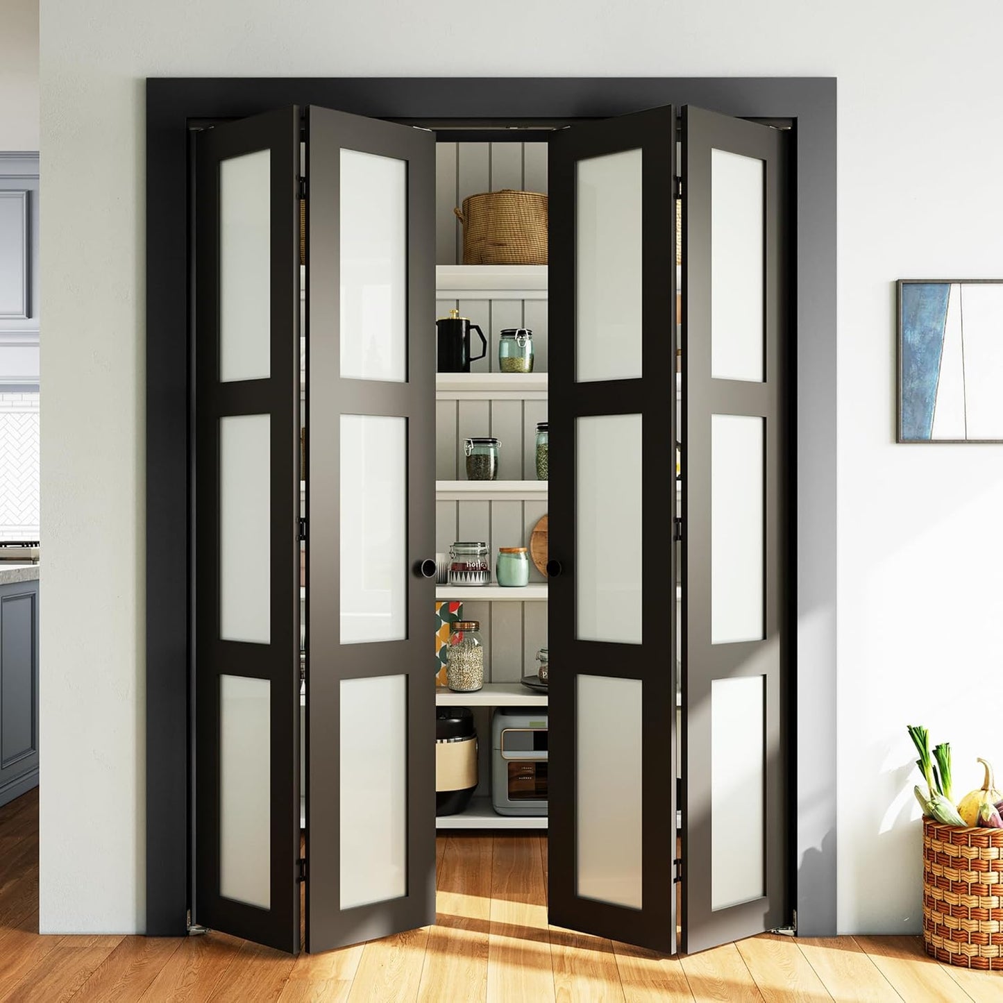 SMARTSTANDARD 30in x 80in Closet Bifold Door with Bi-fold Door Hardware Kit Included, Tempered Frosted Glass Closet Door, Preassembled Panel, Water-Proof PVC Surface, Black