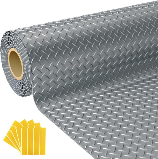 7.5x25 FT Garage Floor Mat, 2.8mm Thickened Flooring Roll for Under Car with 20Pcs Tapes, 188SQFT Diamond Plate Non-Slip Floor Protector Mat for Garage, Warehouse, Gyms, Trailer(Grey)