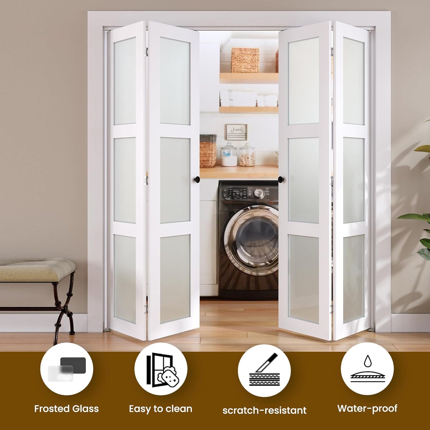 SMARTSTANDARD Bifold Door, for 48"x 80" Opening,Tempered Frosted Glass Closet Folding Barn Door with Hardware Kit, Water-Proof PVC Surface,Easy Install,White