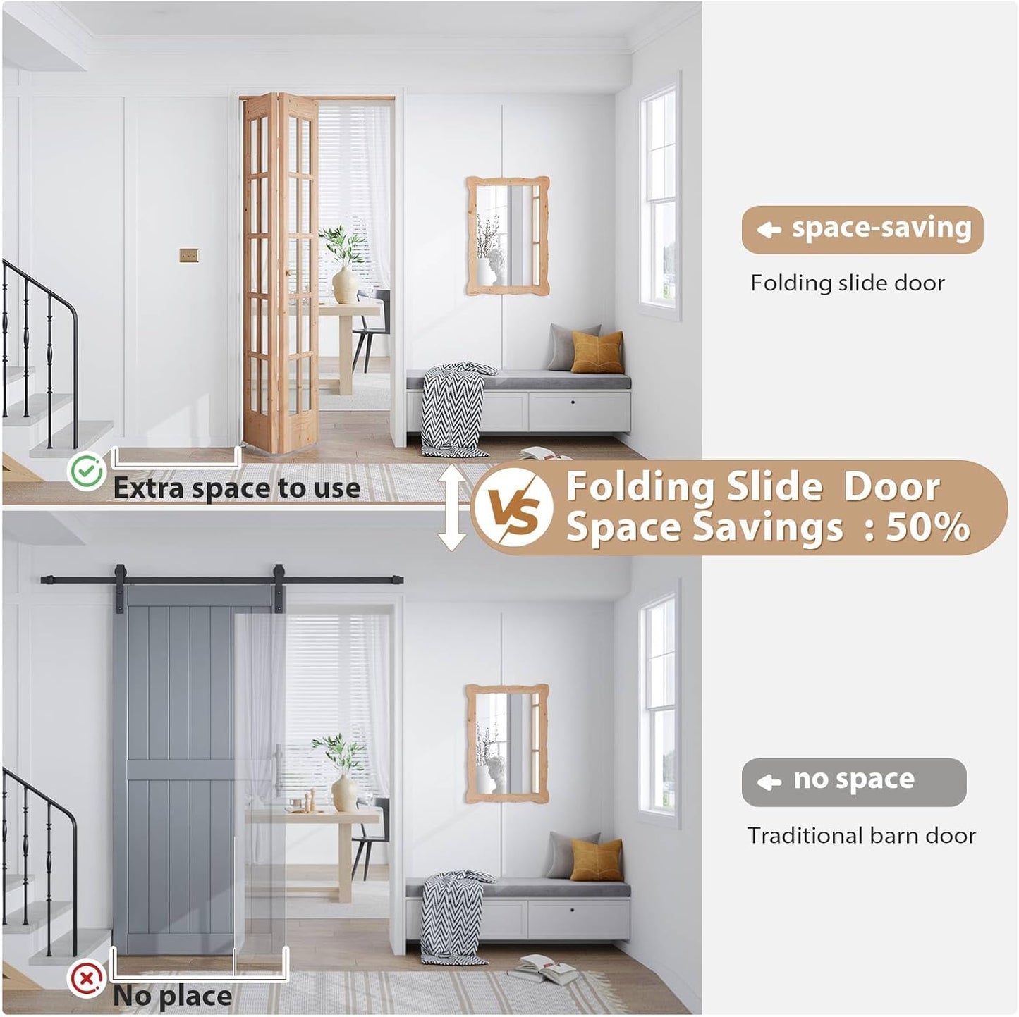 EaseLife Bifold Closet Door,for 36in x 80in (Double 18x80) Opening,French Glass Barn Doors with 3FT Concealed Bi-Fold Sliding Hardware Kit Included,Preassembled Door,Easy Install,DIY staining