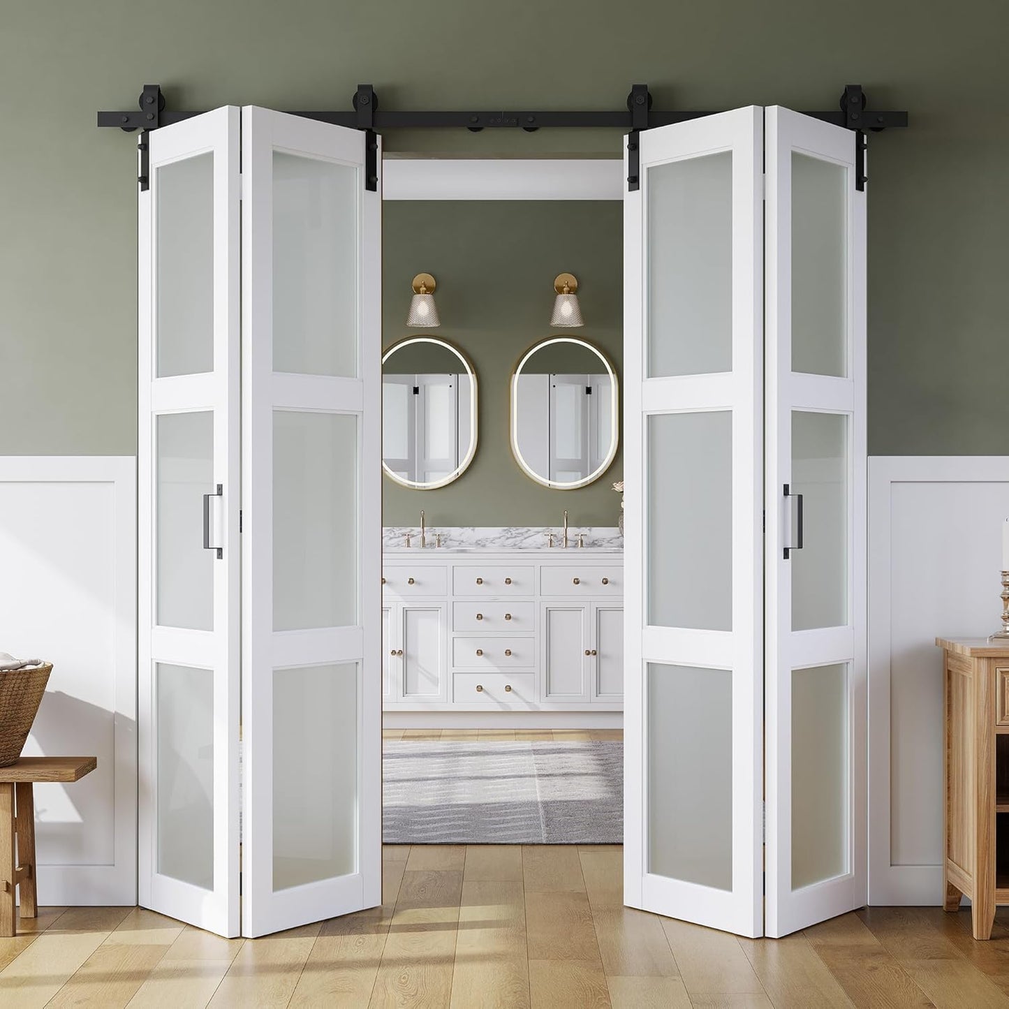 SMARTSTANDARD 28in x 84in Bifold Barn Door, Frosted Glass Barn Door with Hardware Kit Included, Pre-Drilled Holes Easy Assembly -Solid Barn Doors Slab Covered with Water-Proof PVC Surface, White