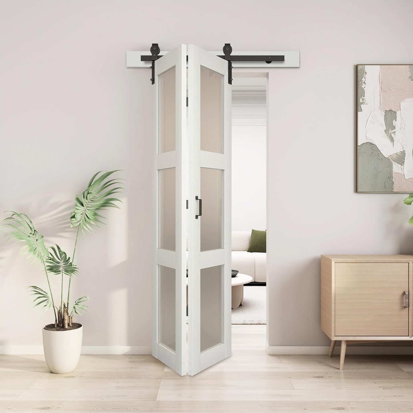 JUBEST Bifold Sliding Barn Door, 30" x 84" Bi fold Barn Door Hardware Kit & Handles Include, 3-Panel Glass Barn Doors Slab, Folding Doors with 34" Track Kit, Solid Wood, MDF & PVC Covered, White