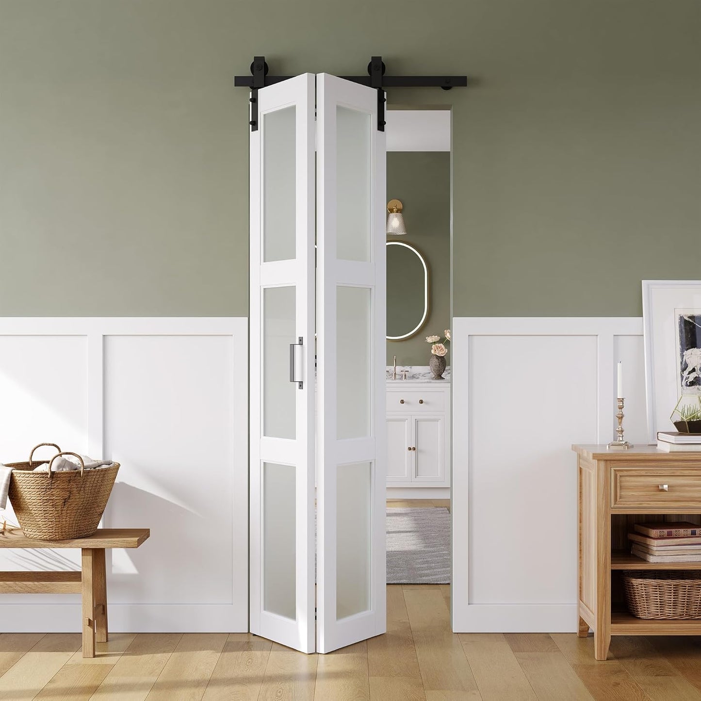 SMARTSTANDARD 28in x 84in Bifold Barn Door, Frosted Glass Barn Door with Hardware Kit Included, Pre-Drilled Holes Easy Assembly -Solid Barn Doors Slab Covered with Water-Proof PVC Surface, White