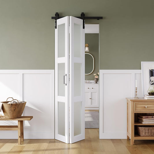 SMARTSTANDARD 28in x 84in Bifold Barn Door, Frosted Glass Barn Door with Hardware Kit Included, Pre-Drilled Holes Easy Assembly -Solid Barn Doors Slab Covered with Water-Proof PVC Surface, White