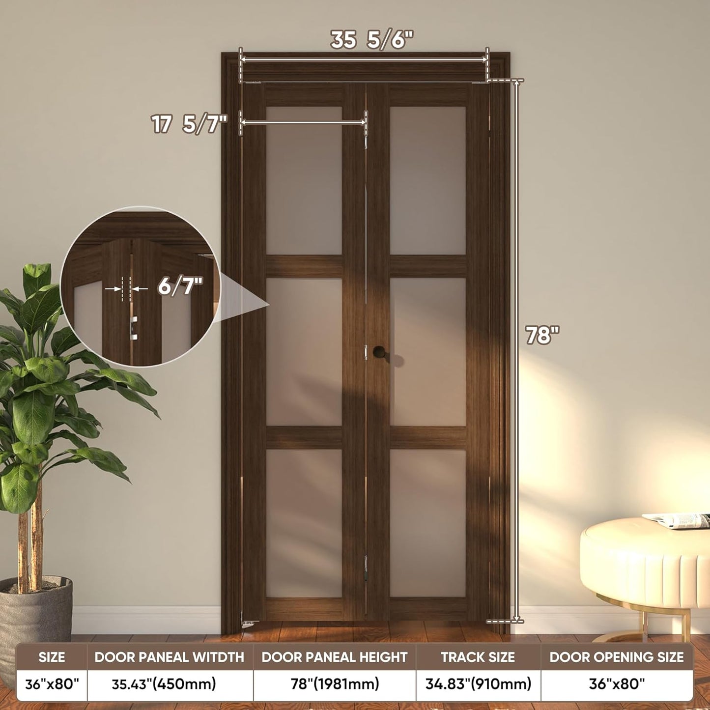 JUBEST Bifold Closet Door, 36Inch Bi fold Interior Doors with Hardware Kit Include, 3-lite Tempered Frosted Glass Doors, Solid Wood Closet Door with MDF & Water-Proof PVC Surface, Brown