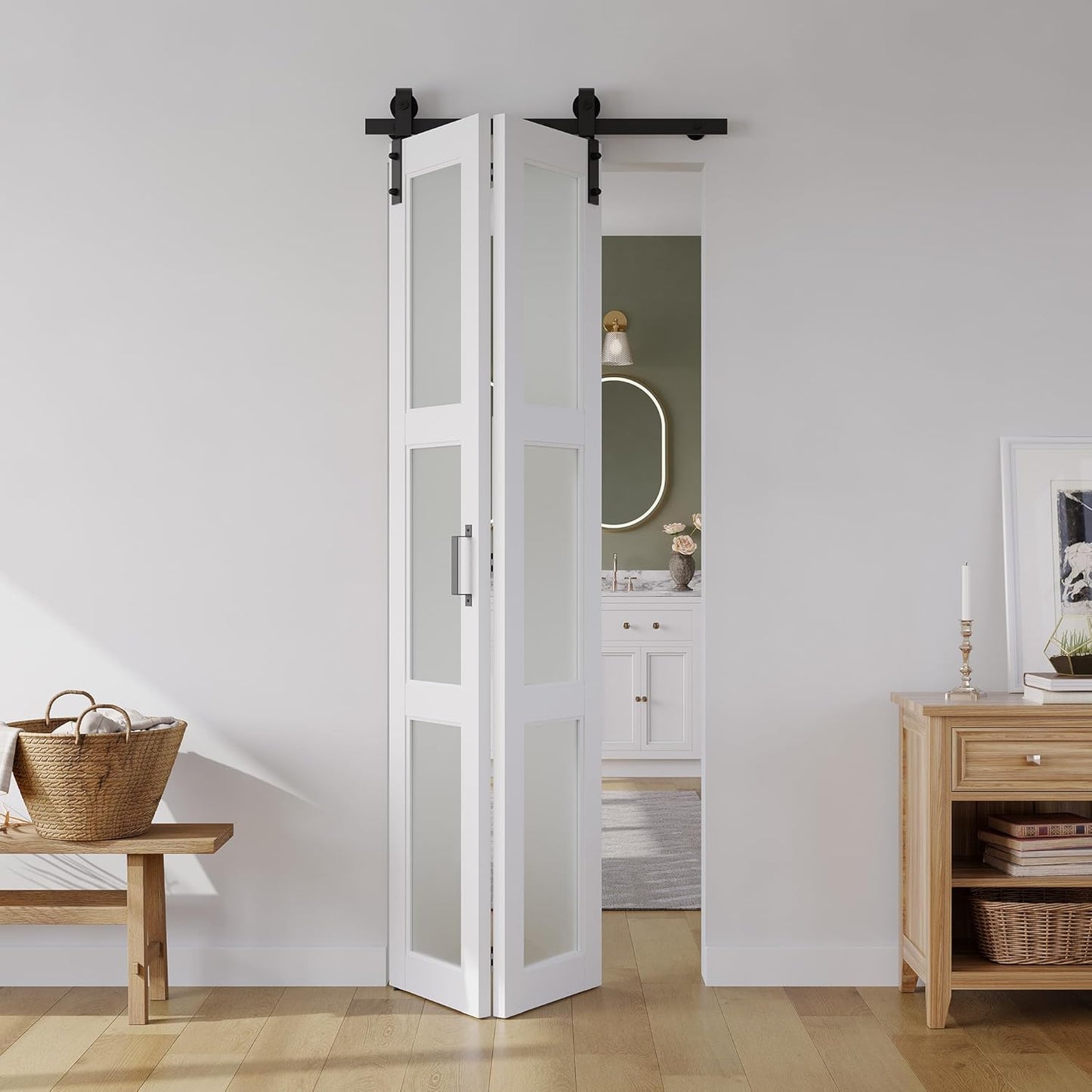 SMARTSTANDARD 28in x 84in Bifold Barn Door, Frosted Glass Barn Door with Hardware Kit Included, Pre-Drilled Holes Easy Assembly -Solid Barn Doors Slab Covered with Water-Proof PVC Surface, White