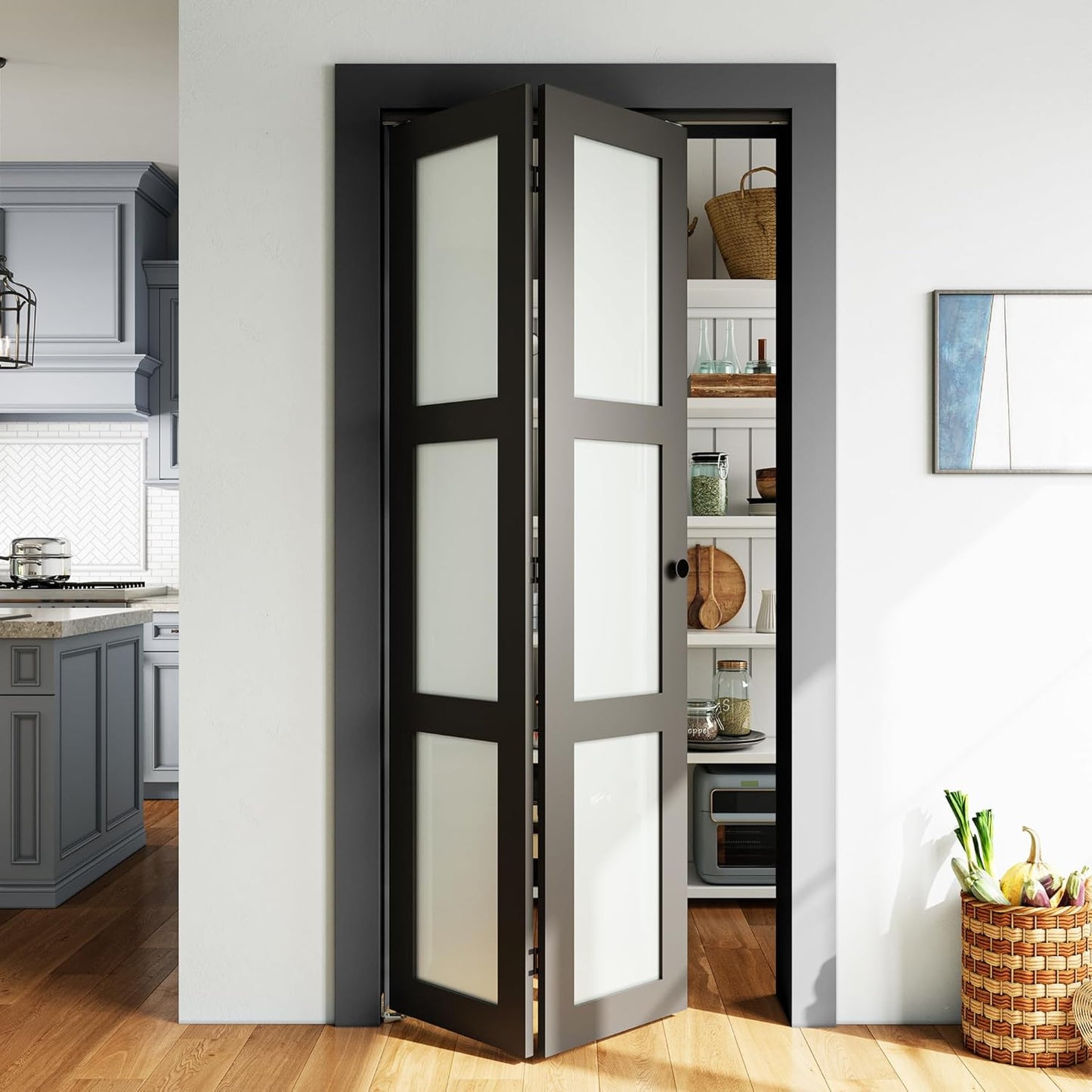 SMARTSTANDARD 30in x 80in Closet Bifold Door with Bi-fold Door Hardware Kit Included, Tempered Frosted Glass Closet Door, Preassembled Panel, Water-Proof PVC Surface, Black