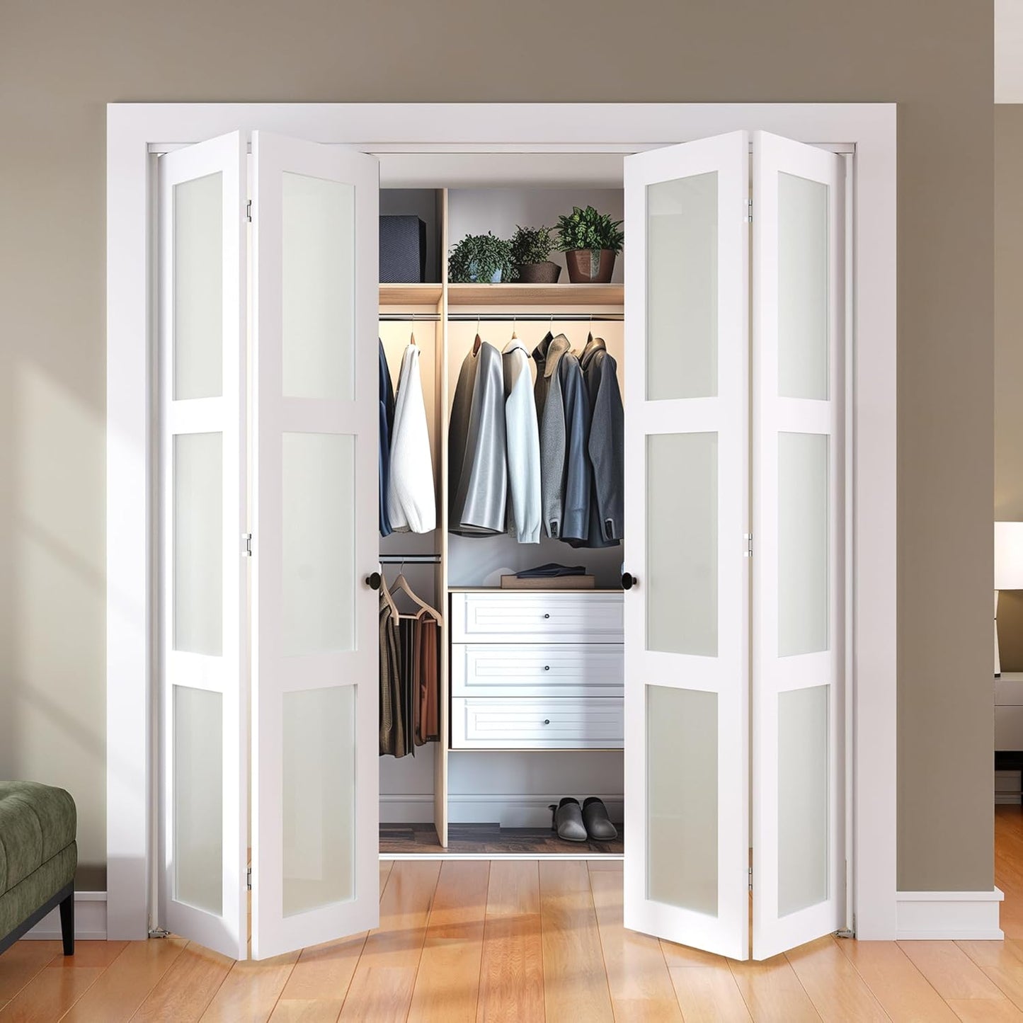 SMARTSTANDARD Bifold Door, for 48"x 80" Opening,Tempered Frosted Glass Closet Folding Barn Door with Hardware Kit, Water-Proof PVC Surface,Easy Install,White