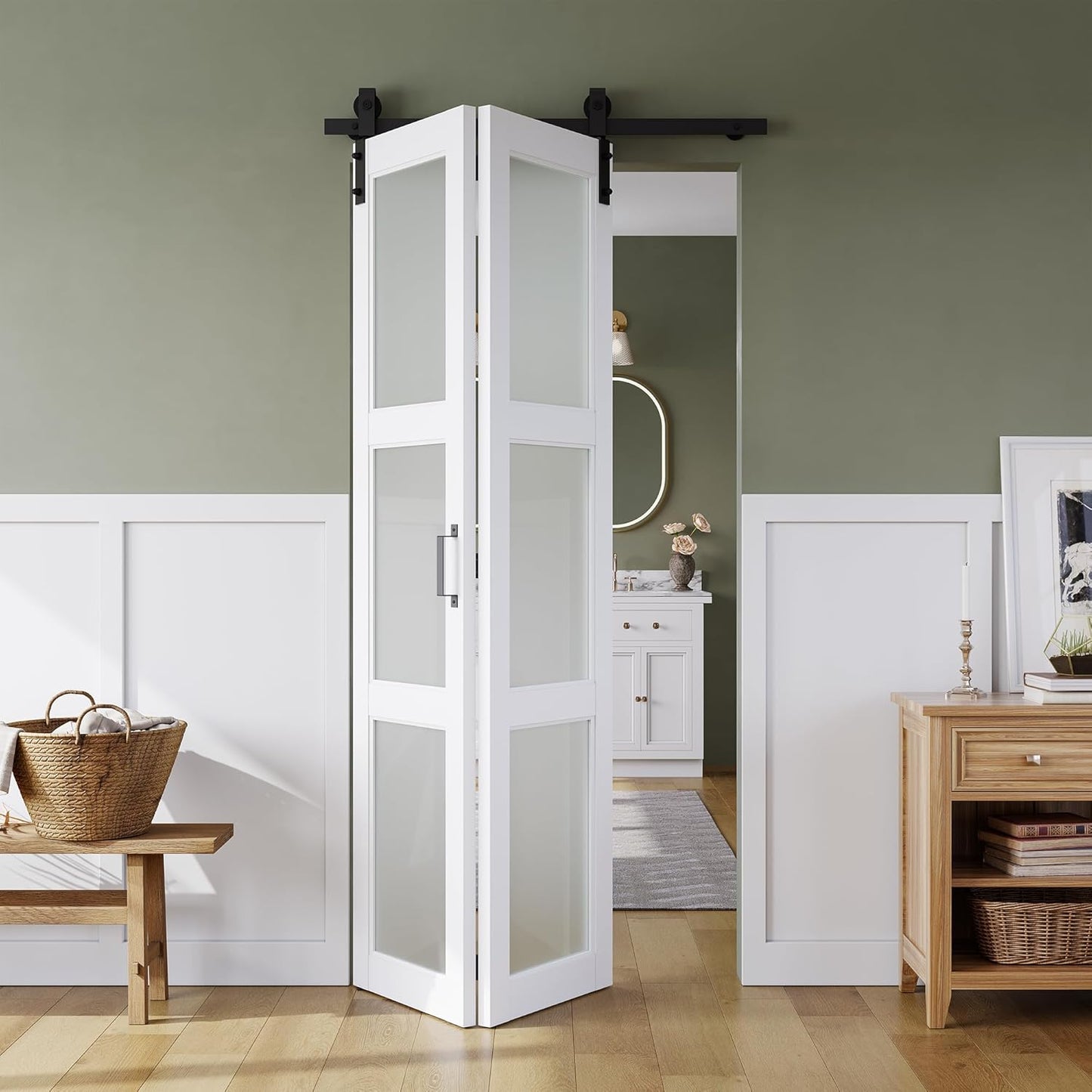 SMARTSTANDARD 28in x 84in Bifold Barn Door, Frosted Glass Barn Door with Hardware Kit Included, Pre-Drilled Holes Easy Assembly -Solid Barn Doors Slab Covered with Water-Proof PVC Surface, White