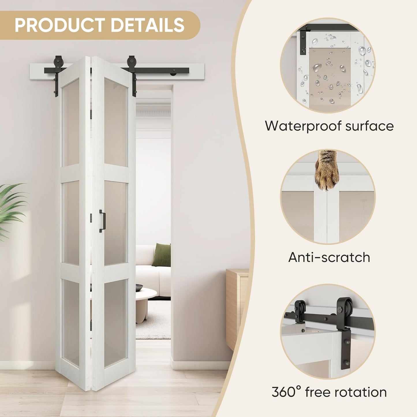 JUBEST Bifold Sliding Barn Door, 30" x 84" Bi fold Barn Door Hardware Kit & Handles Include, 3-Panel Glass Barn Doors Slab, Folding Doors with 34" Track Kit, Solid Wood, MDF & PVC Covered, White