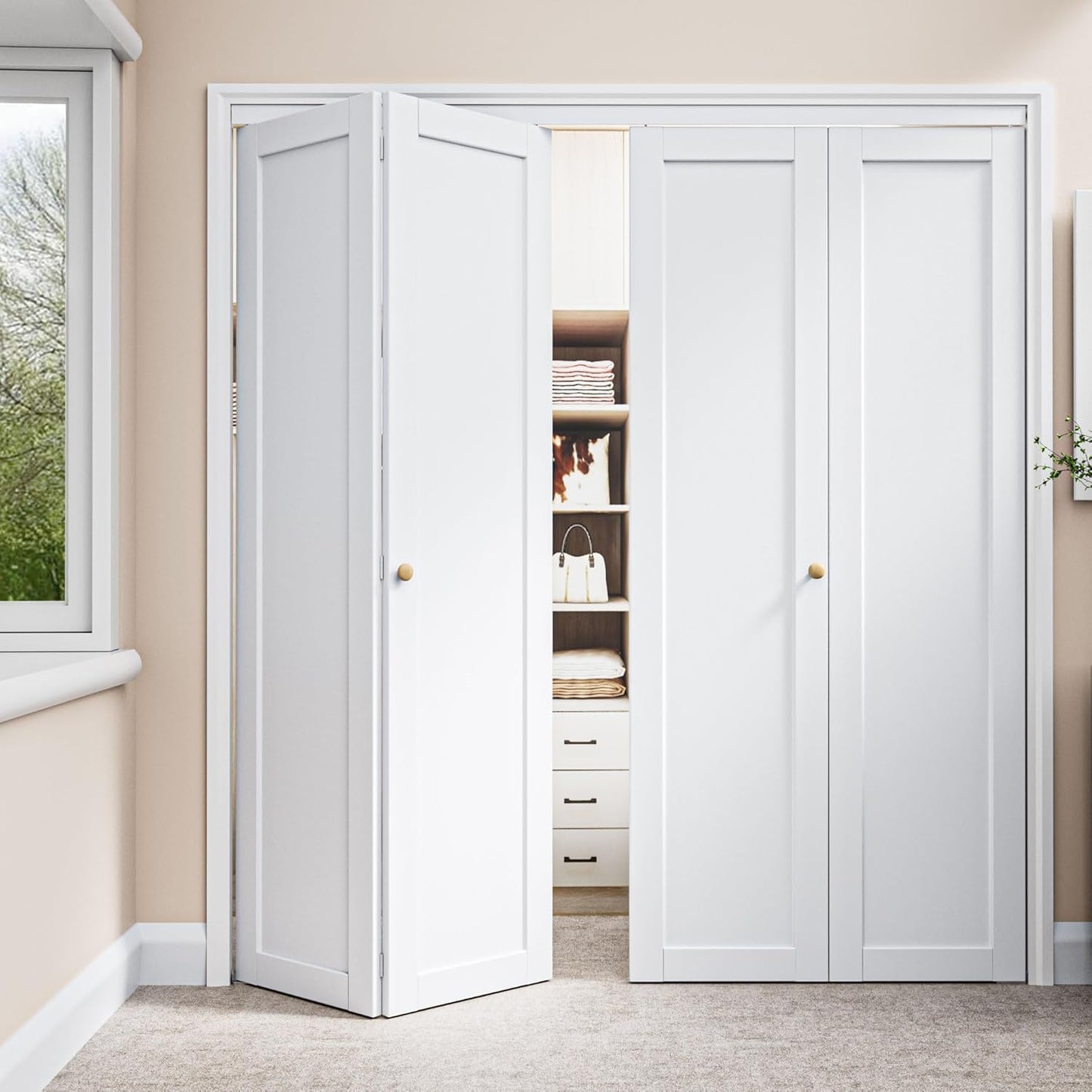 30" x 80" Paintable Bifold Closet Door, Solid Core Pre-Assembled Panels with Water-Resistant Triple-Layer Painting, Build Quality (Double 78.5" High Panels&Hardware&Fascia&Knob)