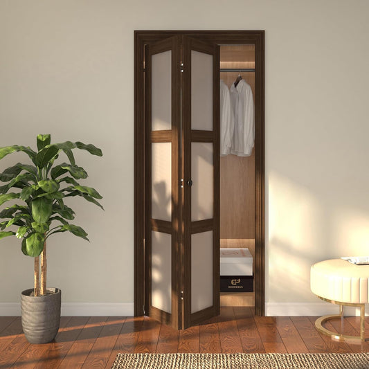 JUBEST Bifold Closet Door, 36Inch Bi fold Interior Doors with Hardware Kit Include, 3-lite Tempered Frosted Glass Doors, Solid Wood Closet Door with MDF & Water-Proof PVC Surface, Brown