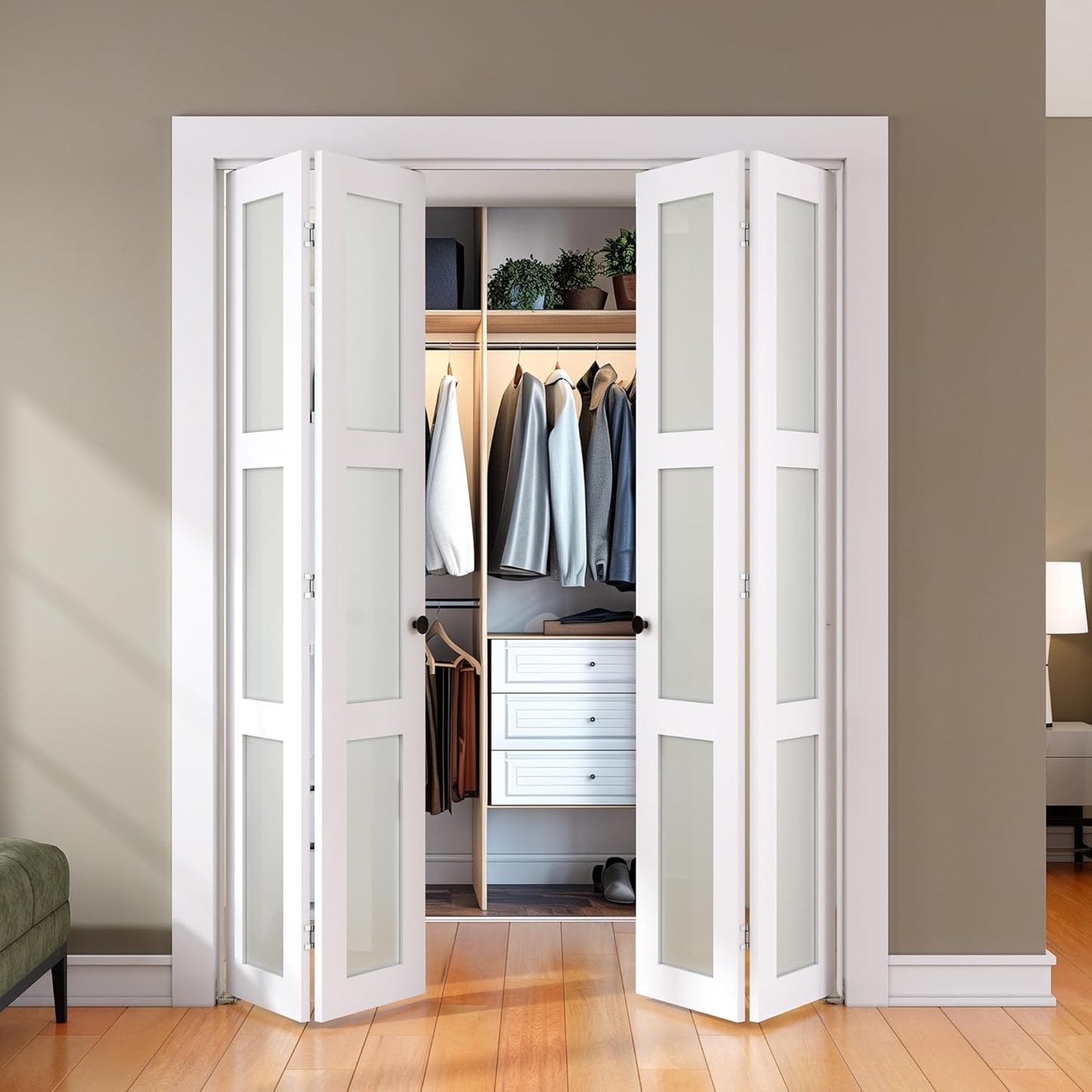 SMARTSTANDARD Bifold Door, for 48"x 80" Opening,Tempered Frosted Glass Closet Folding Barn Door with Hardware Kit, Water-Proof PVC Surface,Easy Install,White