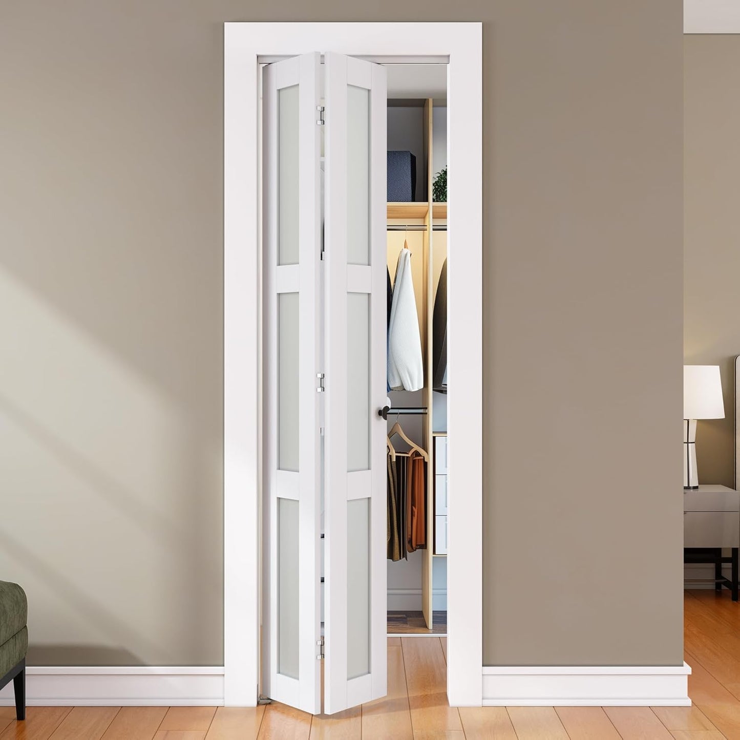 SMARTSTANDARD Bifold Door, for 48"x 80" Opening,Tempered Frosted Glass Closet Folding Barn Door with Hardware Kit, Water-Proof PVC Surface,Easy Install,White