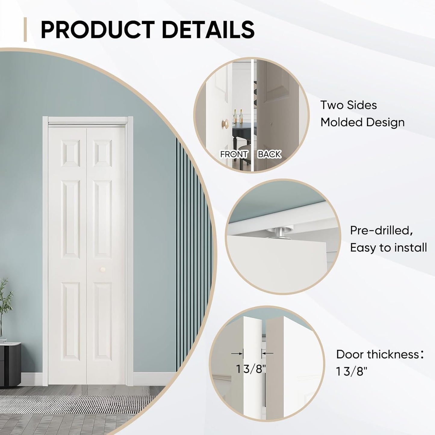 JUBEST Bifold Doors, 6 Panel Primed Bifold Closet Doors for 24"x80" Door Opening, Modern White Hollow Core Bi-Fold Door Slab with Hardware Kit & Knob, Widely Used, Primed
