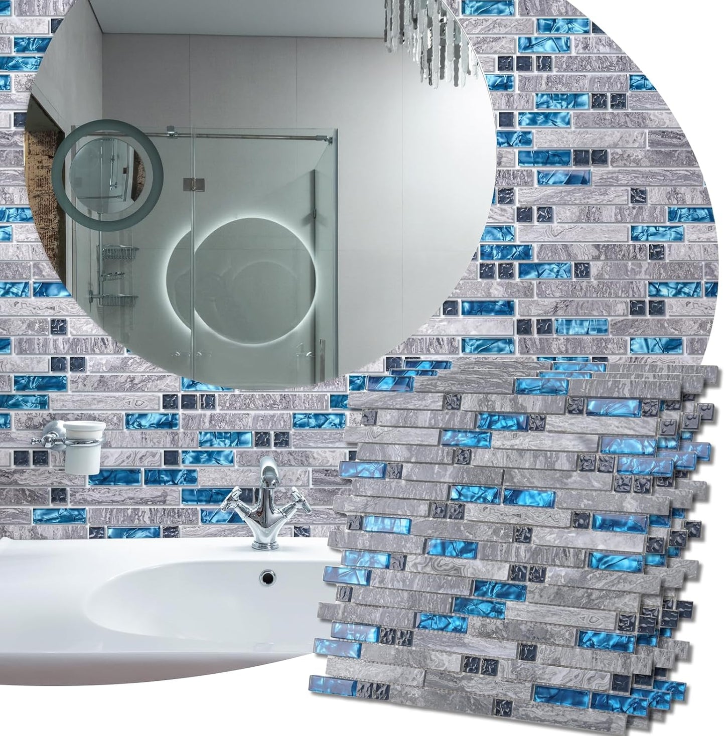 Art3d grout Decorative Tile, Blue/Gray, Glass, for Kitchen Backsplash or Bathroom Backsplash (5 Pack)