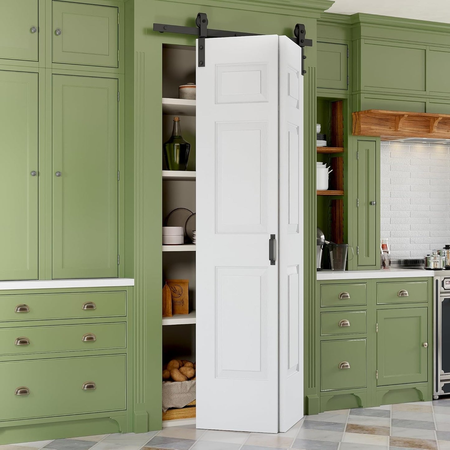 36" x 84" Paintable Bifold Barn Door, No Assembly Required, 6 Panels Bi Fold Barn Door with Hardware Kit Included, 40" Track Kit for 2 Doors, Pre-Drilled Holes