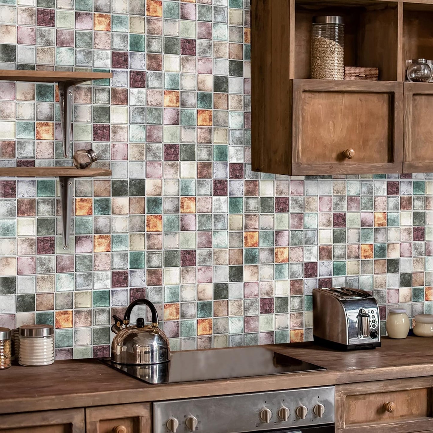 Antique 2'' x 2'' Glass Squared Tile Glazed Red Grey Grid Mosaic Wall Backsplash Tile PT31 (Box of 5 Sheets)