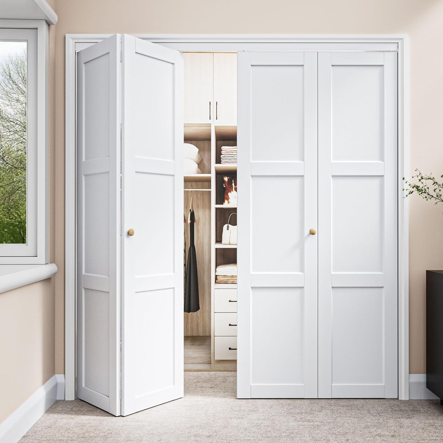 30" x 80" Paintable Bifold Closet Door, Solid Core Pre-Assembled Panels with Water-Resistant Triple-Layer Painting, Build Quality (Double 78.5" High Panels&Hardware&Fascia&Knob)