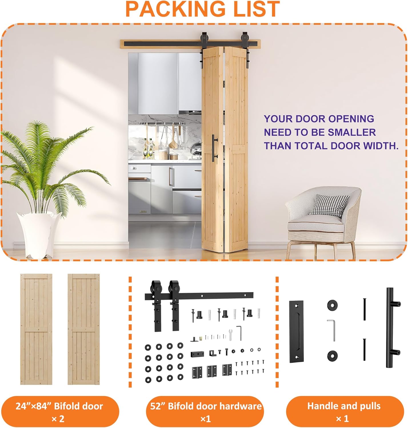 SKYSEN 48" X 84" Bifold Barn Door with 52" Bifold Barn Door Hardware Kit, Including Handle and Pulls, Unfinished Solid Spruce Wood Panel, Pre-Drilled and Assembled(48 * 84-52-fold)