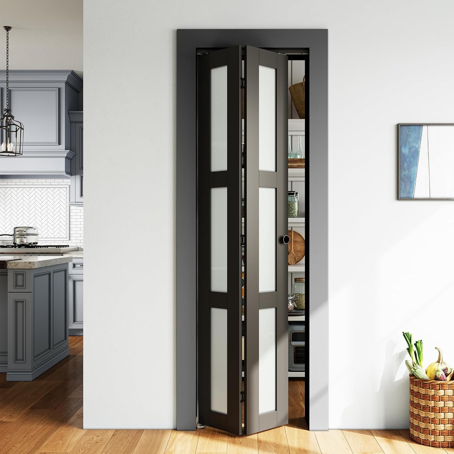 SMARTSTANDARD 30in x 80in Closet Bifold Door with Bi-fold Door Hardware Kit Included, Tempered Frosted Glass Closet Door, Preassembled Panel, Water-Proof PVC Surface, Black