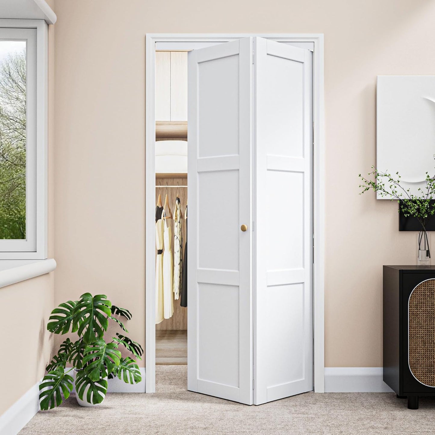 30" x 80" Paintable Bifold Closet Door, Solid Core Pre-Assembled Panels with Water-Resistant Triple-Layer Painting, Build Quality (Double 78.5" High Panels&Hardware&Fascia&Knob)
