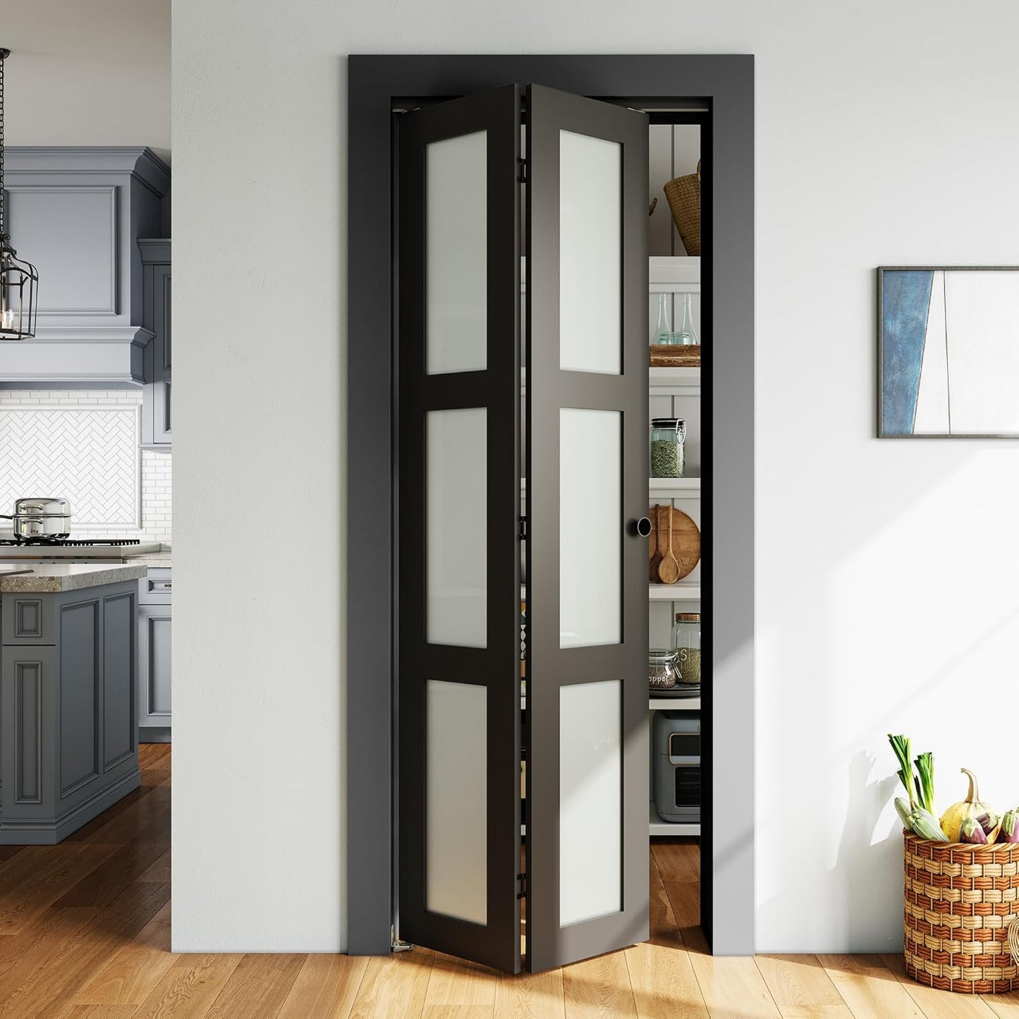 SMARTSTANDARD 30in x 80in Closet Bifold Door with Bi-fold Door Hardware Kit Included, Tempered Frosted Glass Closet Door, Preassembled Panel, Water-Proof PVC Surface, Black