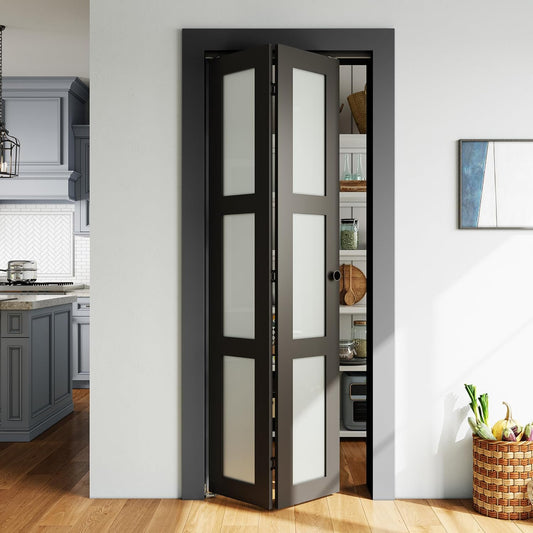 SMARTSTANDARD 30in x 80in Closet Bifold Door with Bi-fold Door Hardware Kit Included, Tempered Frosted Glass Closet Door, Preassembled Panel, Water-Proof PVC Surface, Black