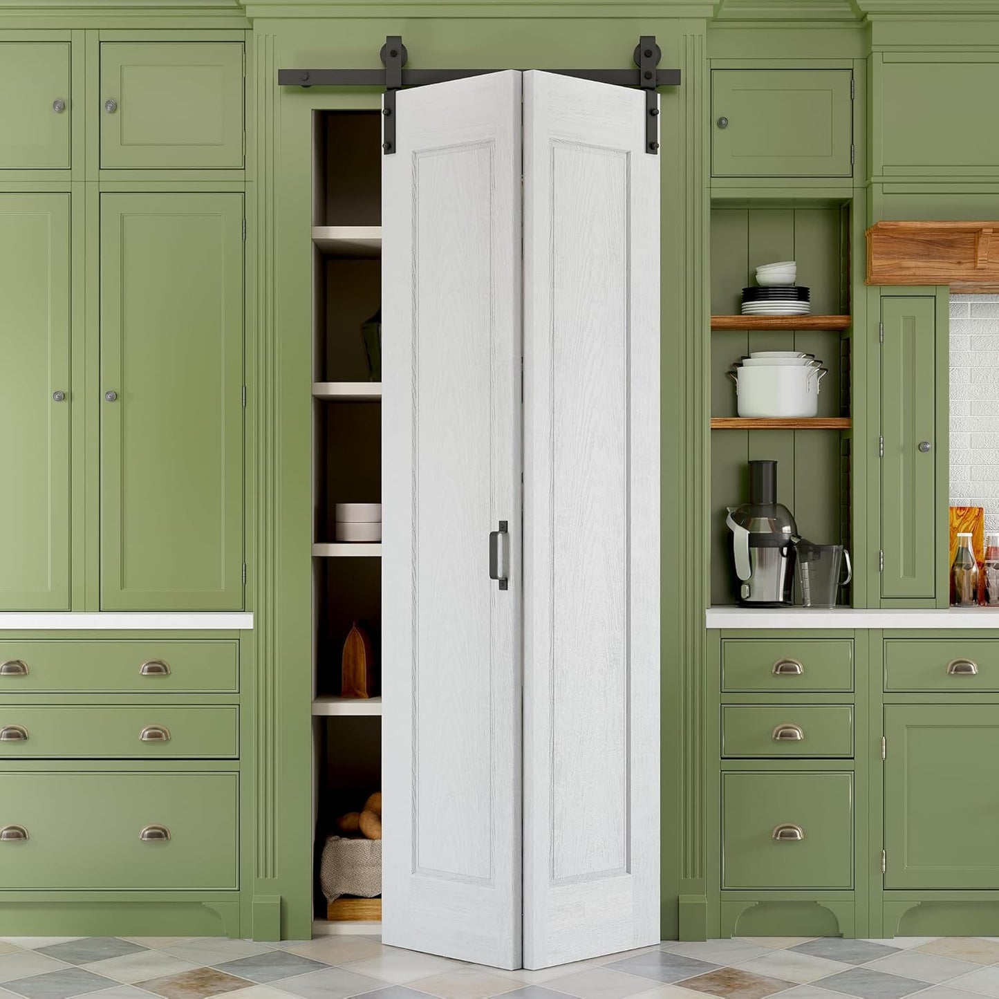 36" x 84" Paintable Bifold Barn Door, No Assembly Required, 6 Panels Bi Fold Barn Door with Hardware Kit Included, 40" Track Kit for 2 Doors, Pre-Drilled Holes