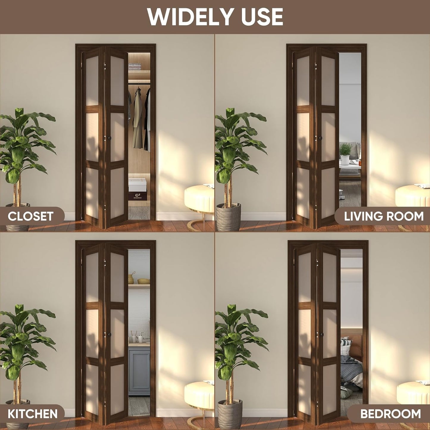 JUBEST Bifold Closet Door, 36Inch Bi fold Interior Doors with Hardware Kit Include, 3-lite Tempered Frosted Glass Doors, Solid Wood Closet Door with MDF & Water-Proof PVC Surface, Brown