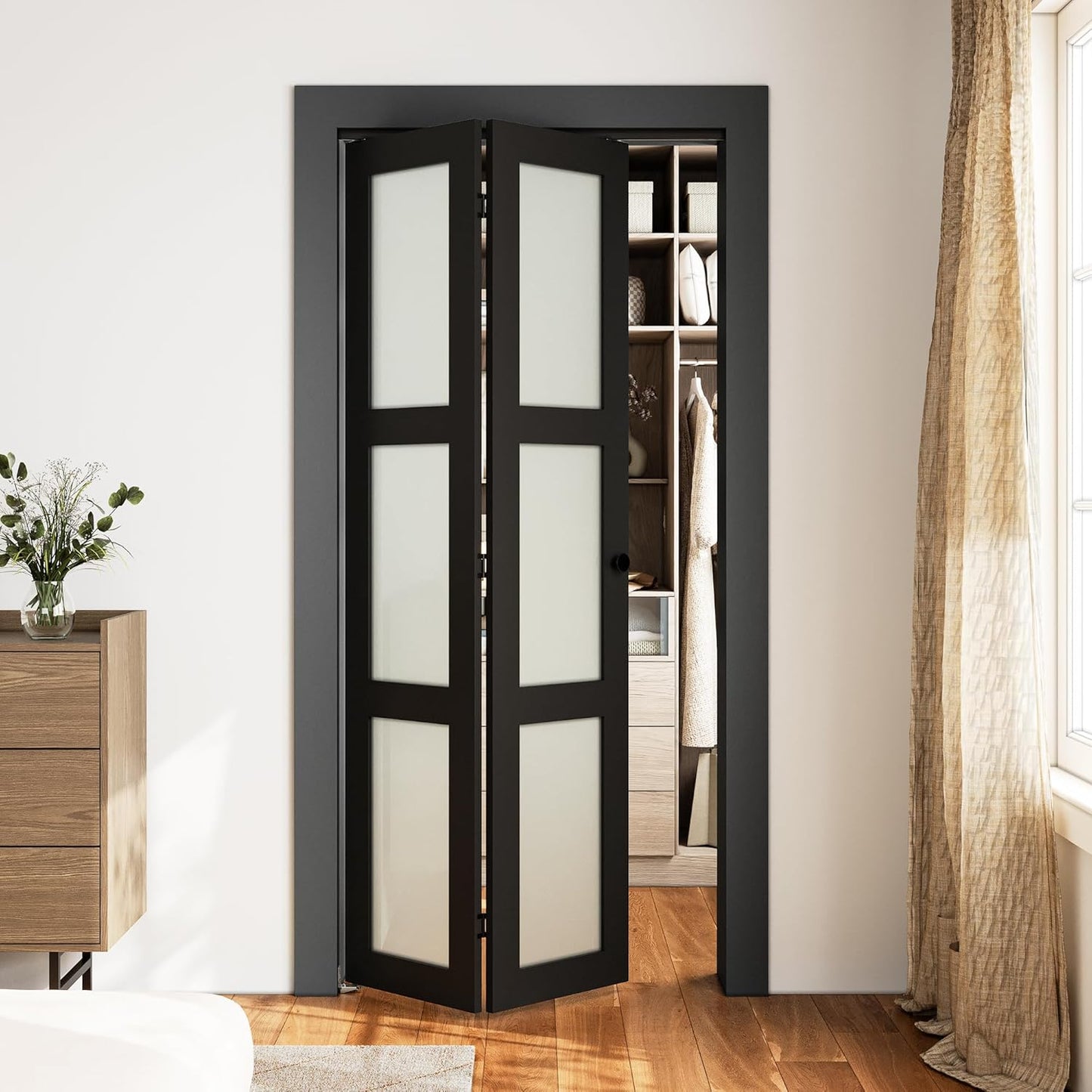 SMARTSTANDARD 30in x 80in Closet Bifold Door with Bi-fold Door Hardware Kit Included, Tempered Frosted Glass Closet Door, Preassembled Panel, Water-Proof PVC Surface, Black