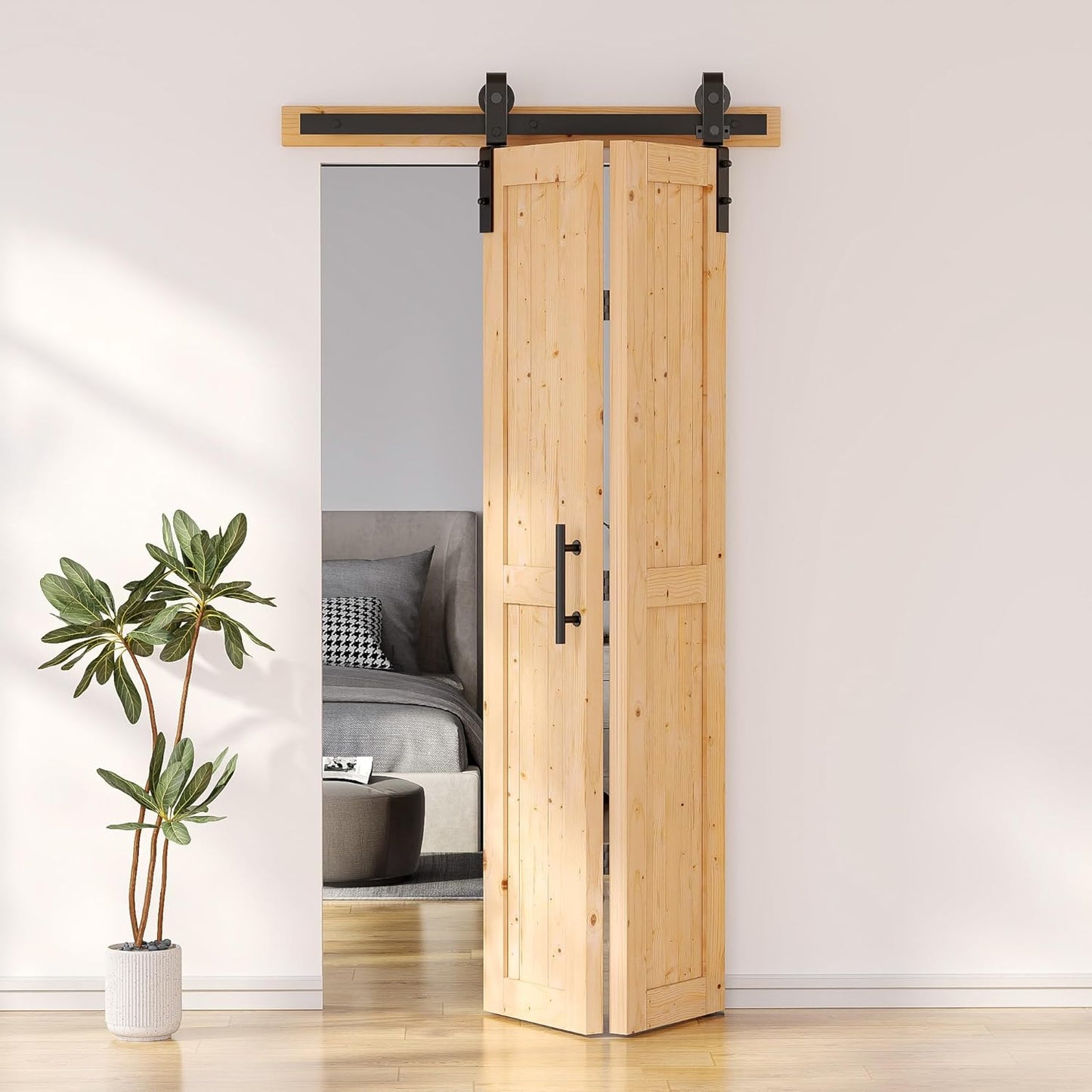 SKYSEN 48" X 84" Bifold Barn Door with 52" Bifold Barn Door Hardware Kit, Including Handle and Pulls, Unfinished Solid Spruce Wood Panel, Pre-Drilled and Assembled(48 * 84-52-fold)