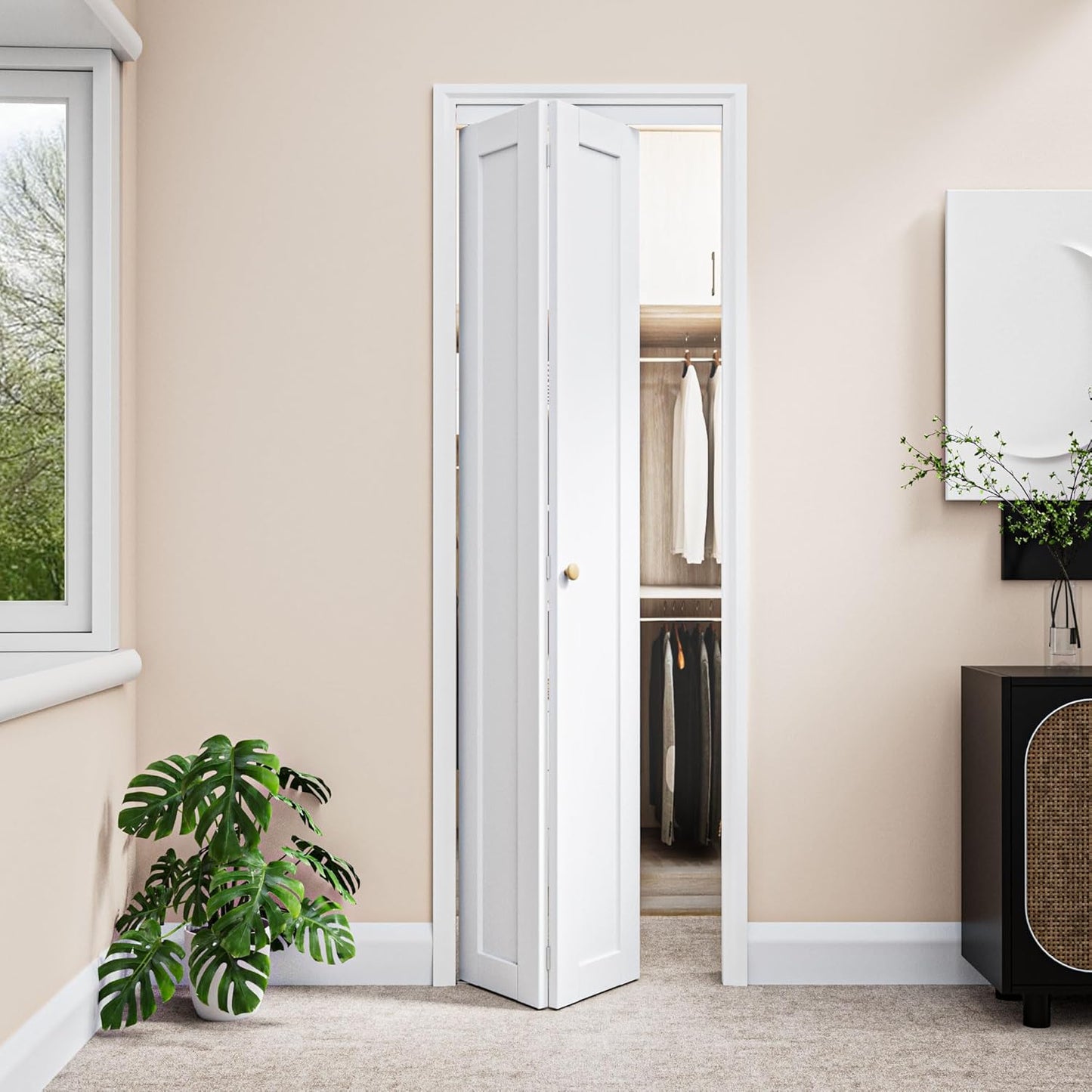 30" x 80" Paintable Bifold Closet Door, Solid Core Pre-Assembled Panels with Water-Resistant Triple-Layer Painting, Build Quality (Double 78.5" High Panels&Hardware&Fascia&Knob)